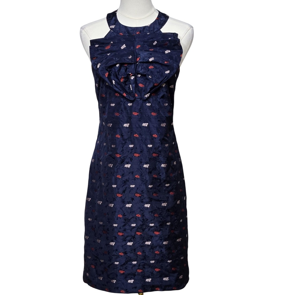 Banana Republic Dress Womens 0 Navy Blue Floral‎ Jacquard Bow Detail Cocktail